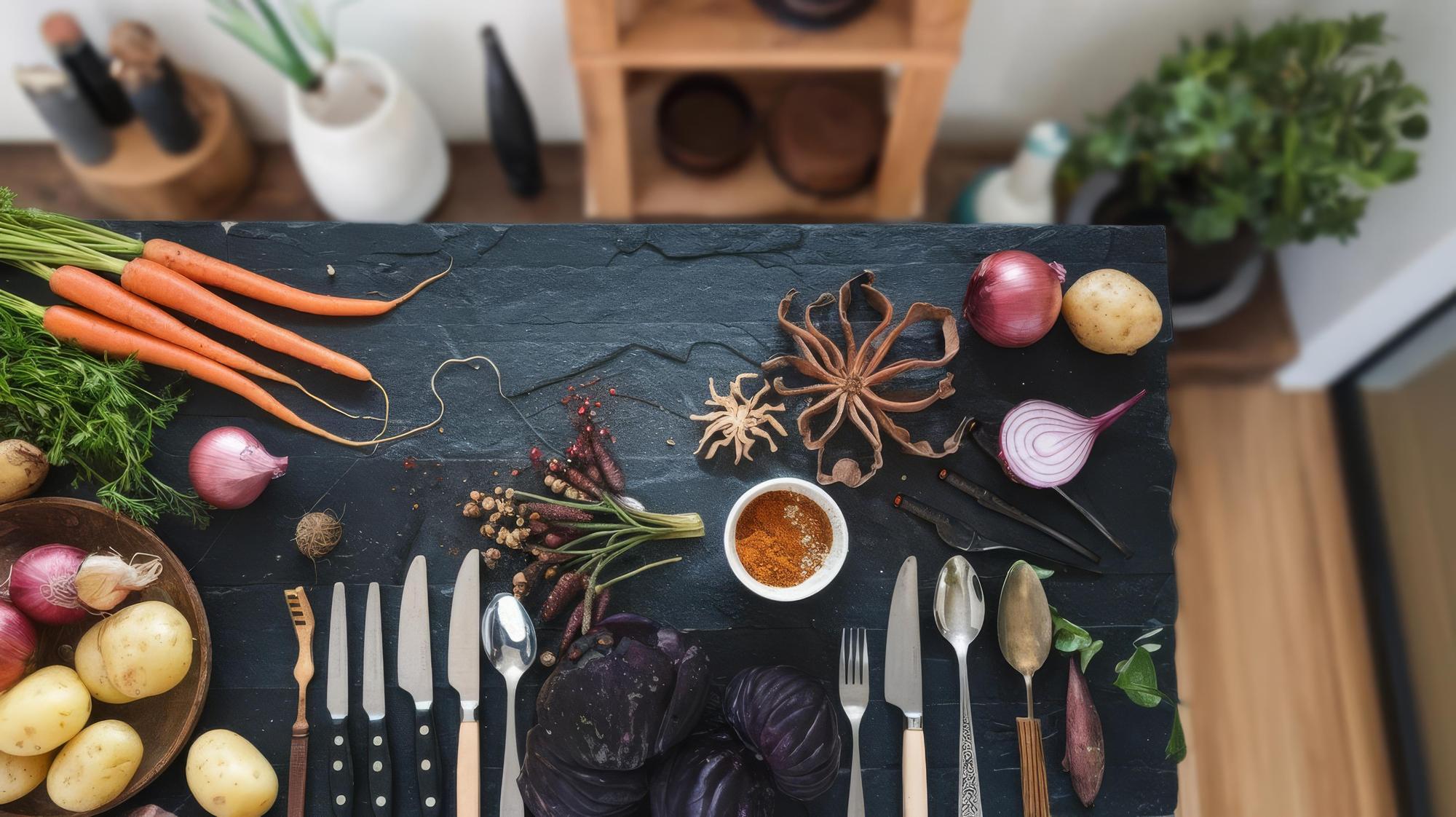 Small culinary studio counter with utensils and herbs